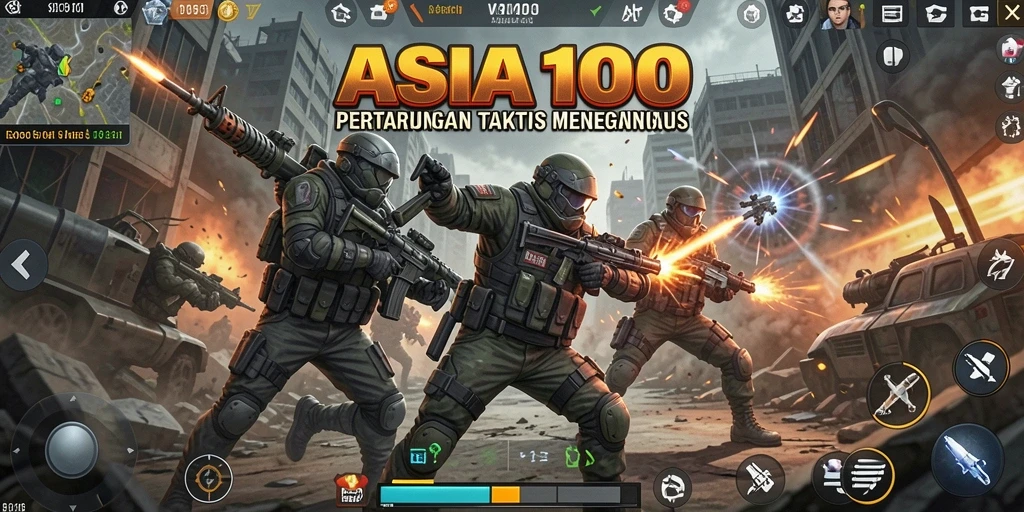 Screenshot menunjukkan pertarungan intens di ASIA100 dengan berbagai karakter.