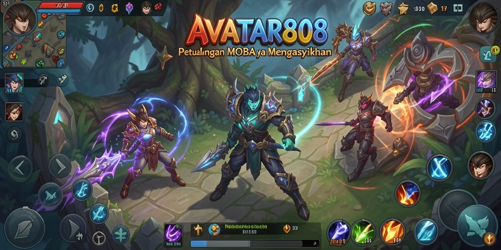 Screenshot AVATAR808 menunjukkan aksi seru dalam pertempuran tim MOBA.