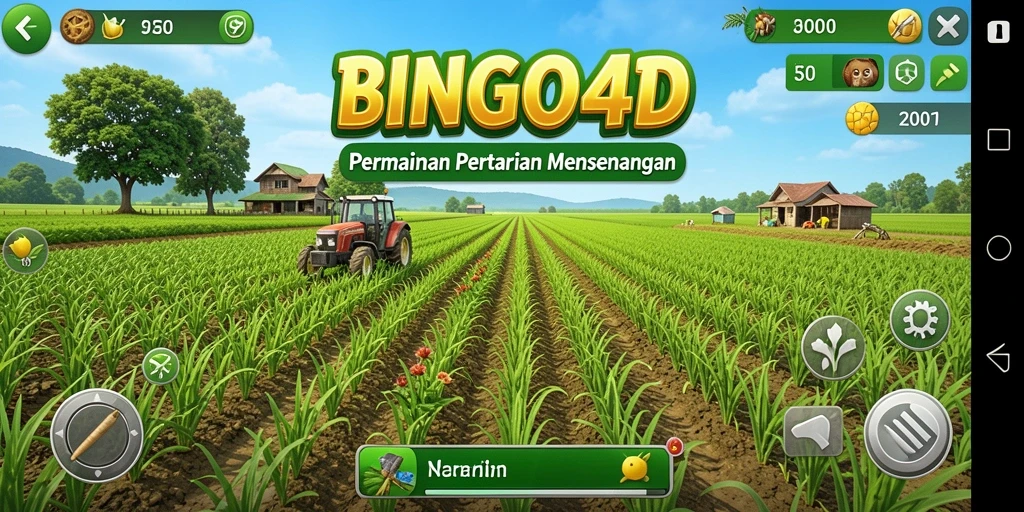 Tampilan gameplay BINGO4D dengan kebun yang hijau dan beragam tanaman.