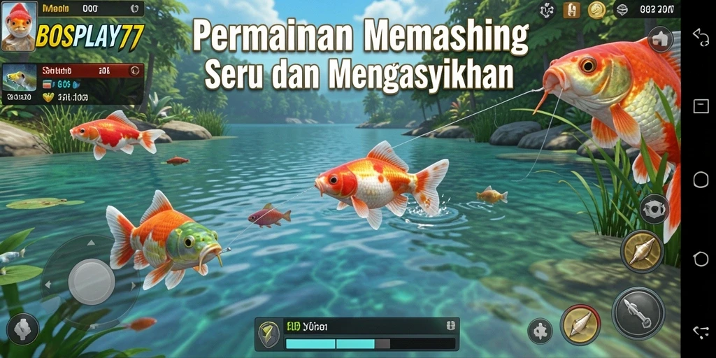 Tampilan screenshot BOSPLAY77 menampilkan momen seru saat memancing ikan besar.