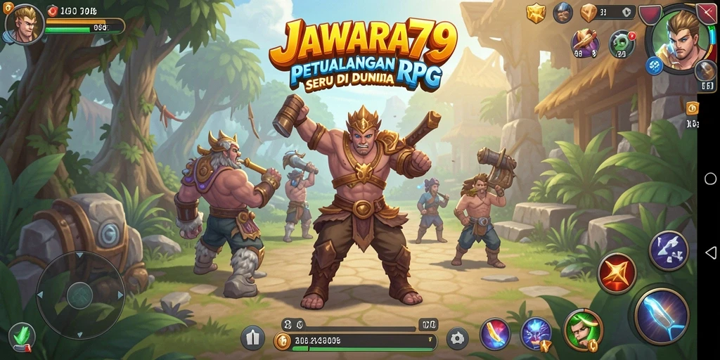 Screenshot gameplay JAWARA79 menampilkan pertempuran epik di dunia RPG.