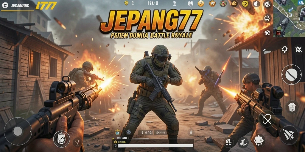 Screenshot gameplay JEPANG77 menunjukkan pertempuran seru di arena Battle Royale.